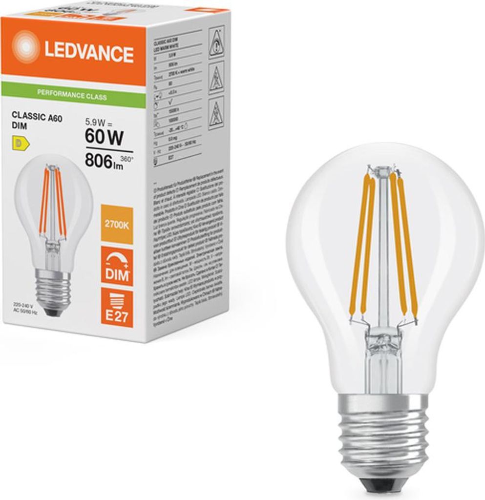 Osram LED-Leuchtmittel LEDCLA A 60 Fil DIM P 827 Cl E27