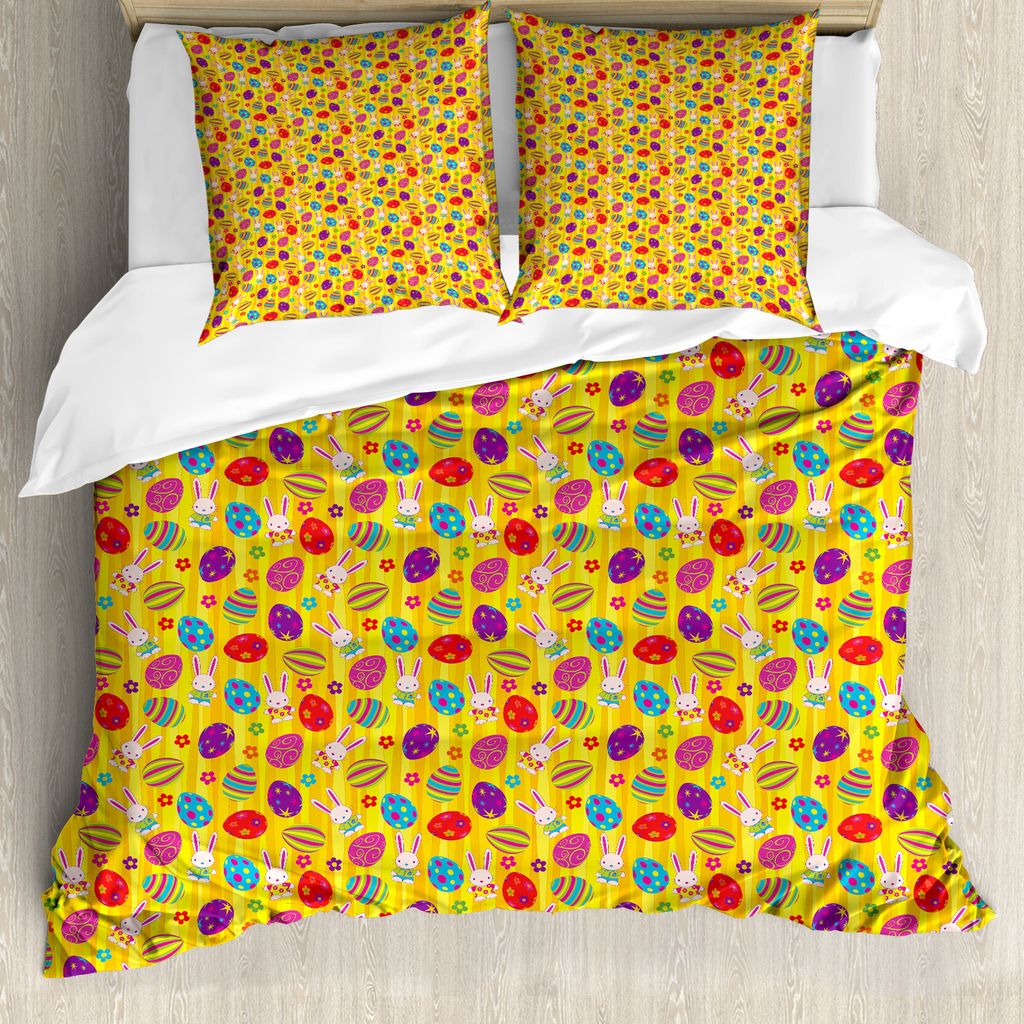 ABAKUHAUS Ostern Bettbezug, Hasen Gänseblümchen Funky, Milbensicher Allergiker geeignet mit Kissenbezügen, 200 cm x 200 cm - 80 x 80 cm, Mehrfarbig