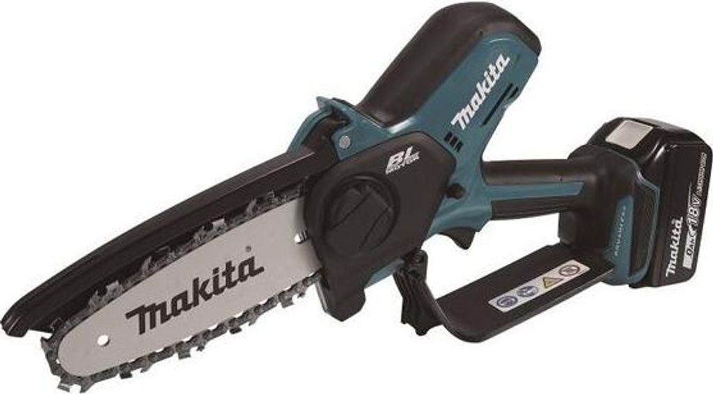 A cordless chainsaw with a battery pack attached, shown against a white background.
