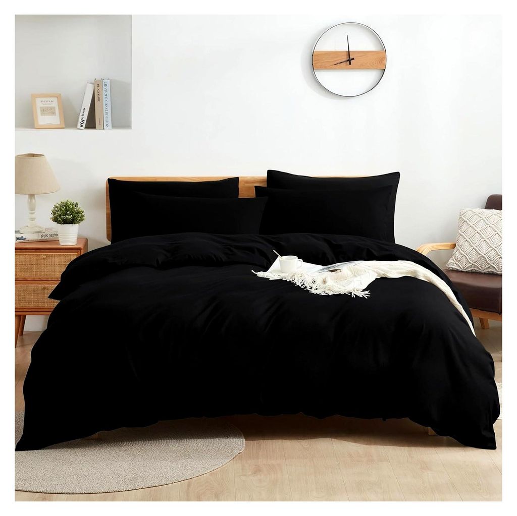 Bettwäsche 135x200 cm aus Baumwolle in Schwarz, 100% atmungsaktive Baumwolle, Set mit 1 Kissenbezug 80x80 cm und 1 Bettbezug mit Reißverschluss