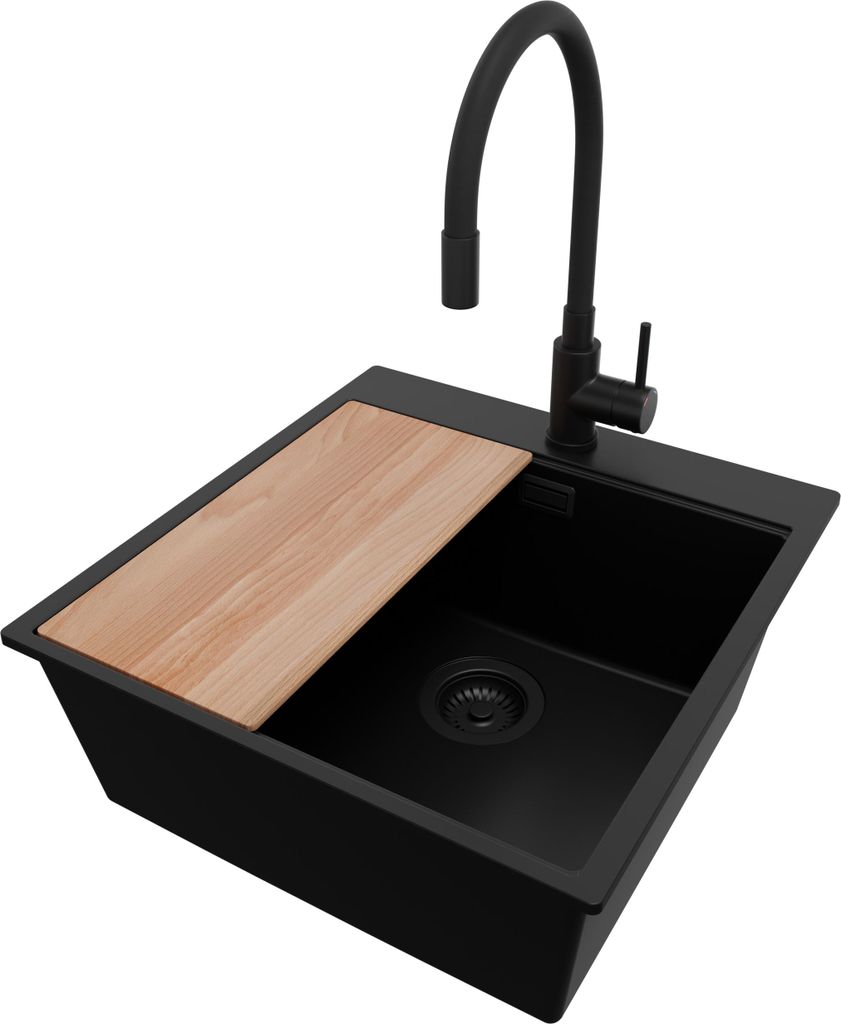 PRIMAGRAN Granitspüle Alles Schwarz 48x50cm, Spülbecken 1 Becken + Küchenarmatur 40x38cm + Ablauf-Set + Schneidebrett, Küchenspüle ab 50er Unt...