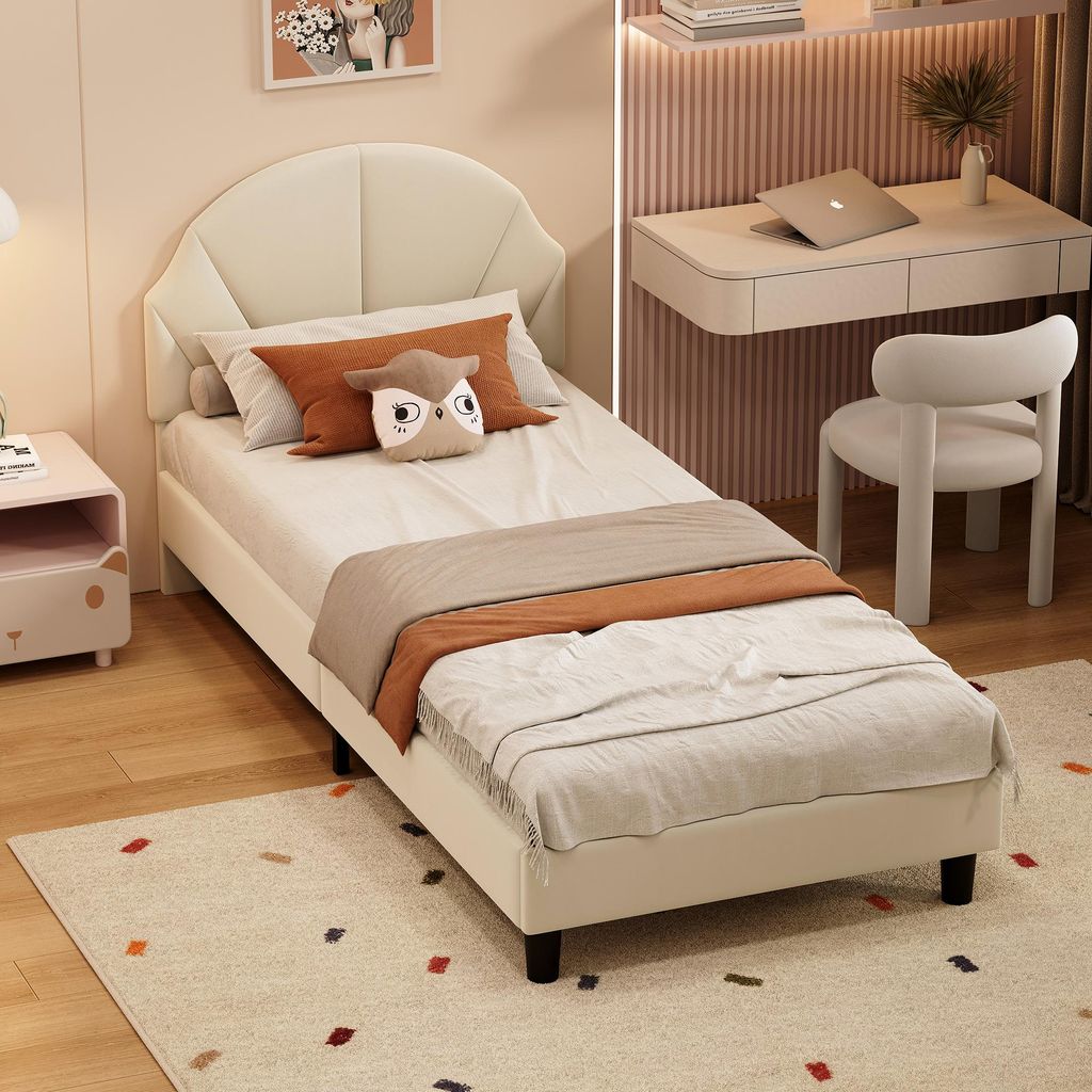 ProximaX Gemütliches Kinderbett 90x200 cm mit kuscheligem Veloursbezug, in Beige für das Kinder- oder Jugendzimmer