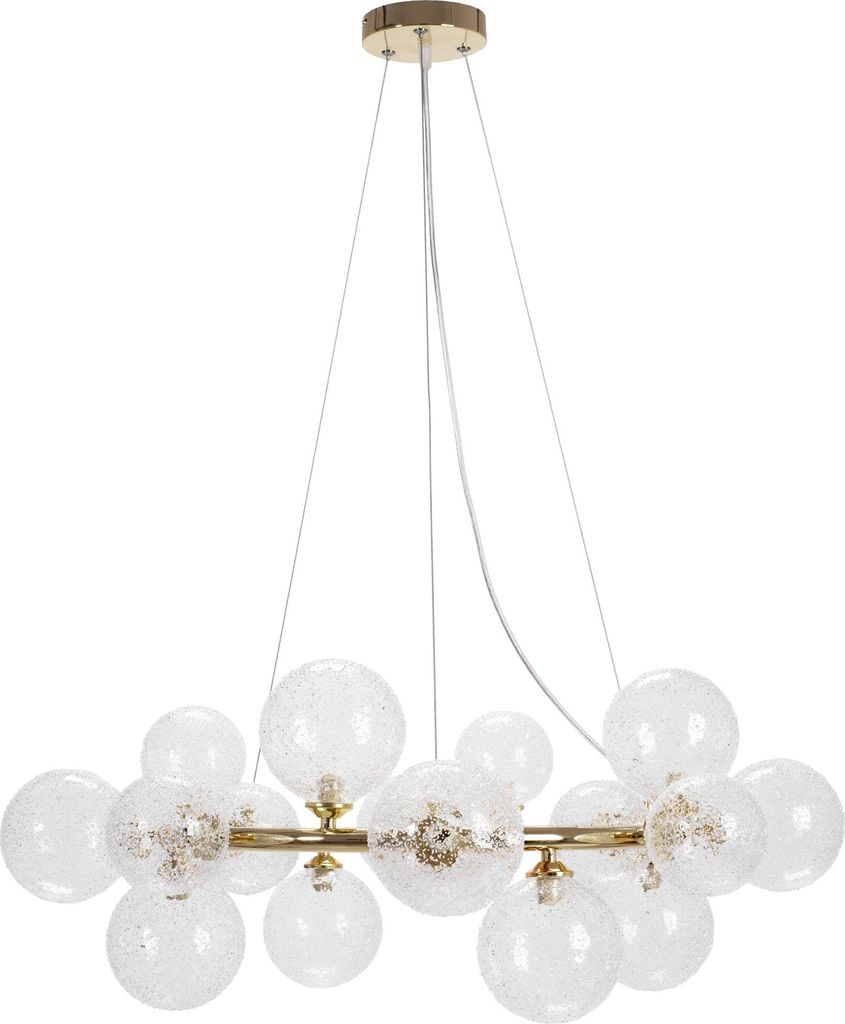 A chandelier with multiple glass globes hanging from a central bar, suspended by wires from a ceiling mount.
