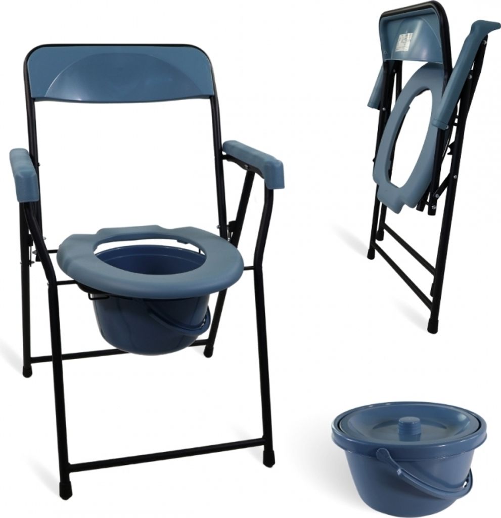 A blue folding commode chair with a removable bucket is shown from multiple angles against a white background.