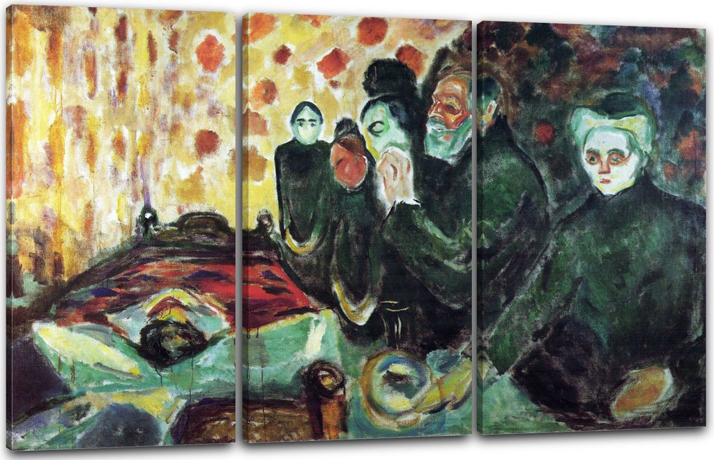 Leinwandbild 3-teilig (120x80cm): Edward Munch - Am Totenbett, echter Holz-Keilrahmen inkl. Aufhänger, handgefertigt in Deutschland