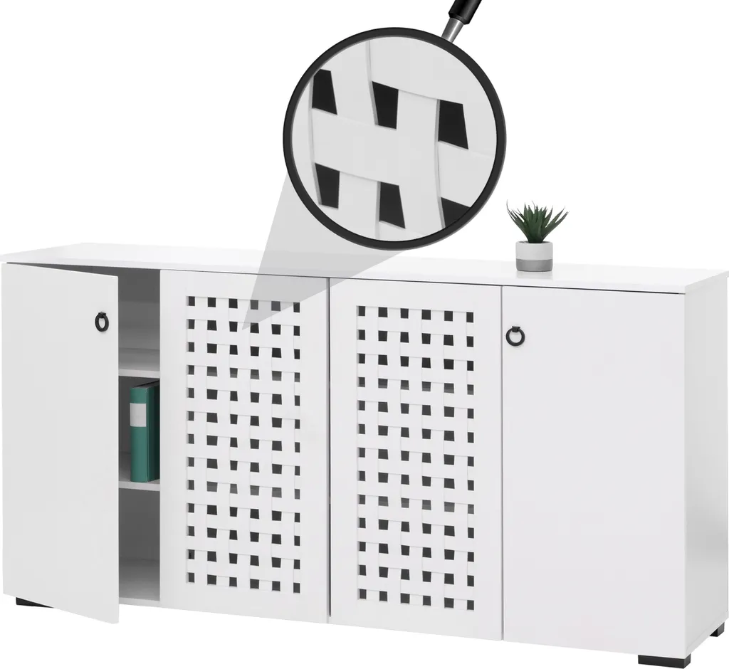 Buffet Blanc Anti-Désordre 159cm - Meuble 4 Portes Design 3D Tressé