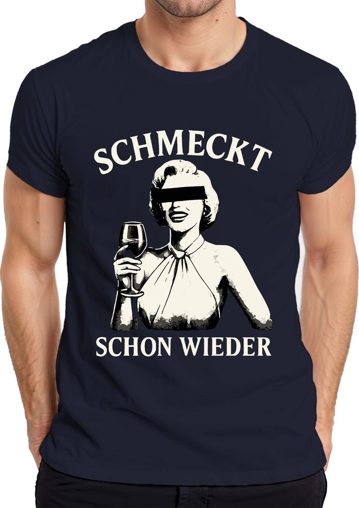 Schmeckt schon wieder Weinliebhaber Weinglas Retro Geschenk Party Herren T-Shirt, Navy, M