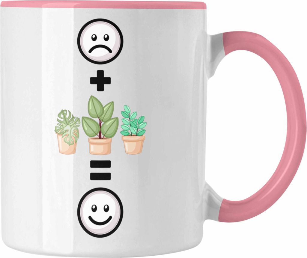 Trendation - Pflanzen Tasse Geschenk für Pflanzen-Liebhaber Grüner Daumen Geburtstag Lustige Geschenkidee :( + Pflanzen+ = :) (Rosa)
