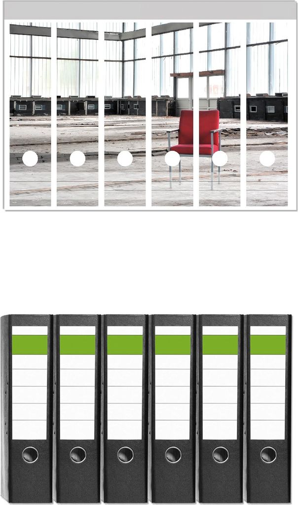 Wallario 6 Stück breite Ordner inkl. Klebeetiketten mit Motive Stille und Leere - ein einsamer roter Stuhl in einer alten Halle - Set mit Rücken...