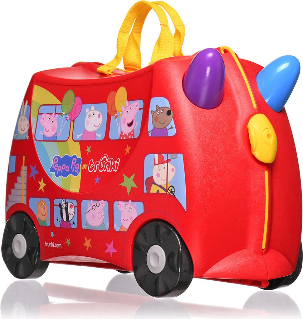 A red toy bus with Peppa Pig characters on the side, on a white background.