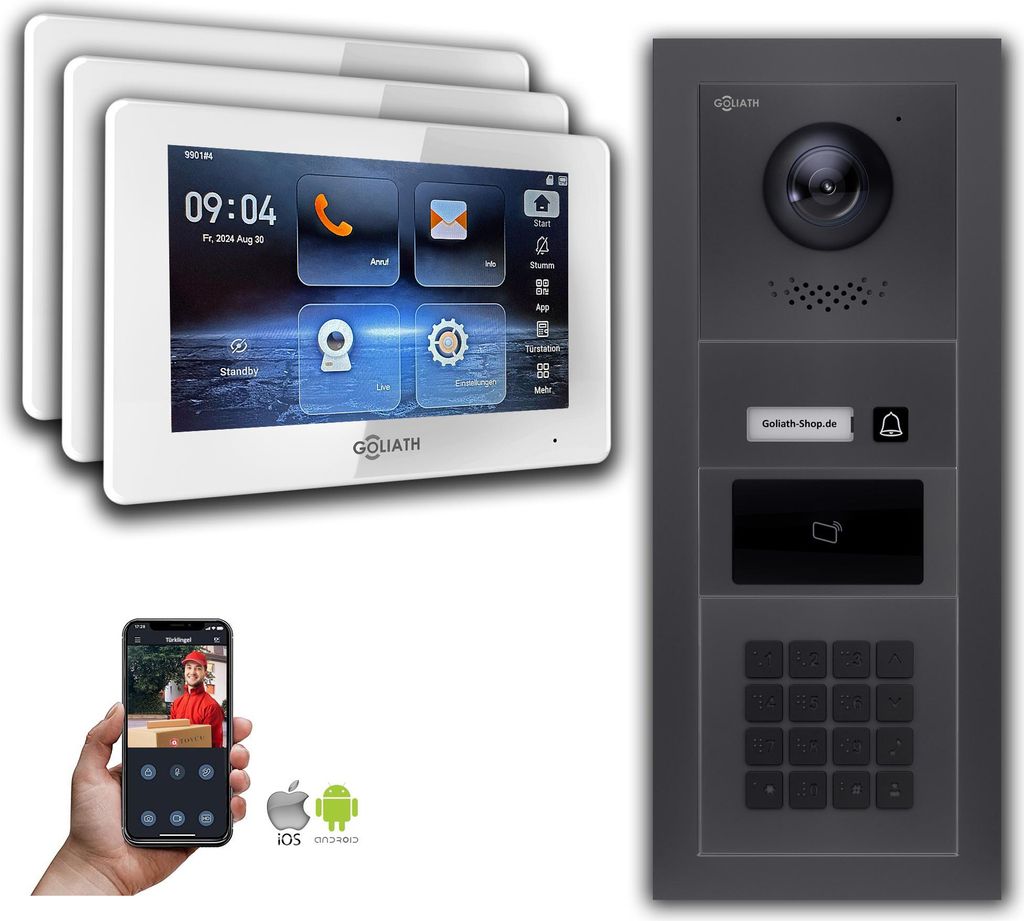 Goliath IP Video Türsprechanlage mit Kamera 7-Zoll Zahlencode RFID Anthrazit : Aufputzdose : 7 Zoll in Weiß : 3 Monitore Anzahl: 3 Monitore Farbe...