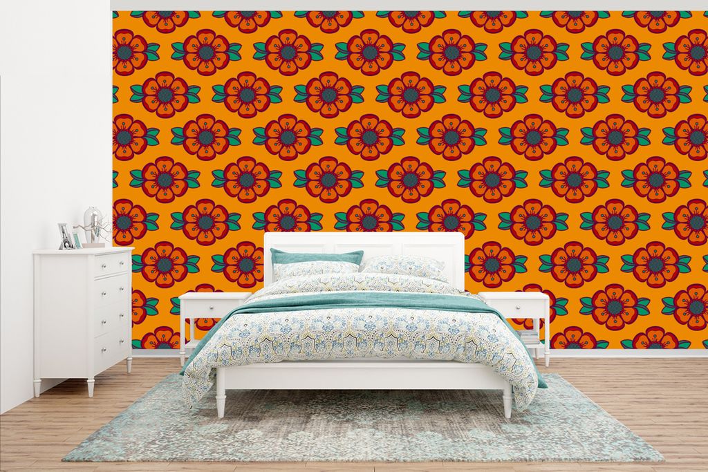MuchoWow Fototapete für Wohnzimmer oder Schlafzimmer Wandtapete Vinyl Motivtapete Design - Retro - Rosen - Orange - 395x220 cm - Tapezier Papier