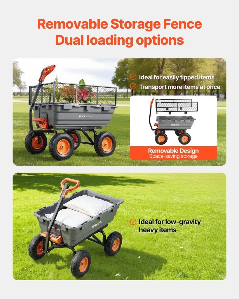 Chariot de jardin polyvalent avec benne en polyéthylène haute capacité