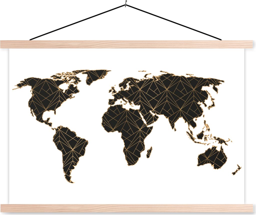MuchoWow Textilposter Weltkarte - Schwarz - Gold - Kinder - Jungen - Mädchen 120x80 cm mit holzfarbenen Rahmen - Aufhängeset