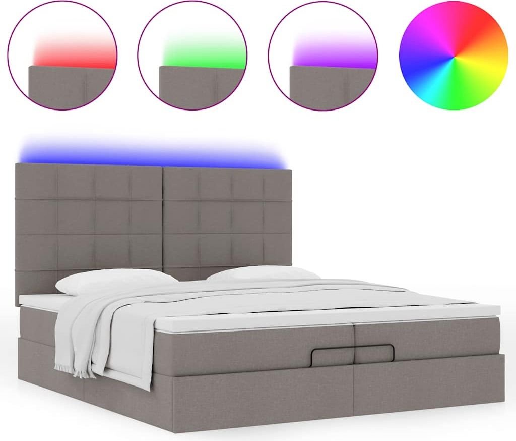 Ottoman-Bett mit Matratzen & LEDs Taupe 200x200 cm Stoff