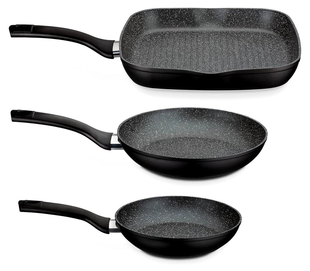 Pfannen-Set Gourmet Granit – 3-teiliges Pfannenset mit 2 Bratpfannen und 1 Grillpfanne, auch für Induktion, Antihaftbeschichtung – Aluminium, ...
