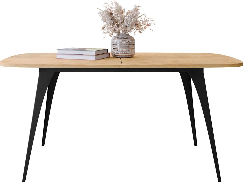 MIRJAN24 Tisch Aura 160, Ausziehbar, Industrial, Abgerundete Tischkanten, Beine aus Stahl, Esszimmertisch, Loft (Farbe: Schwarz / Eiche Craft Gold)