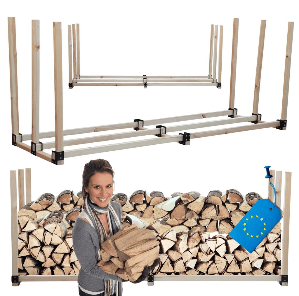 MODO24 Kaminholzregal, Holzunterstand, Brennholzregal, Holzlager, Brennholzständer, Aufbewahrung, Garten, Wetterfest, Massivholz, 120x292x80 cm, DRE
