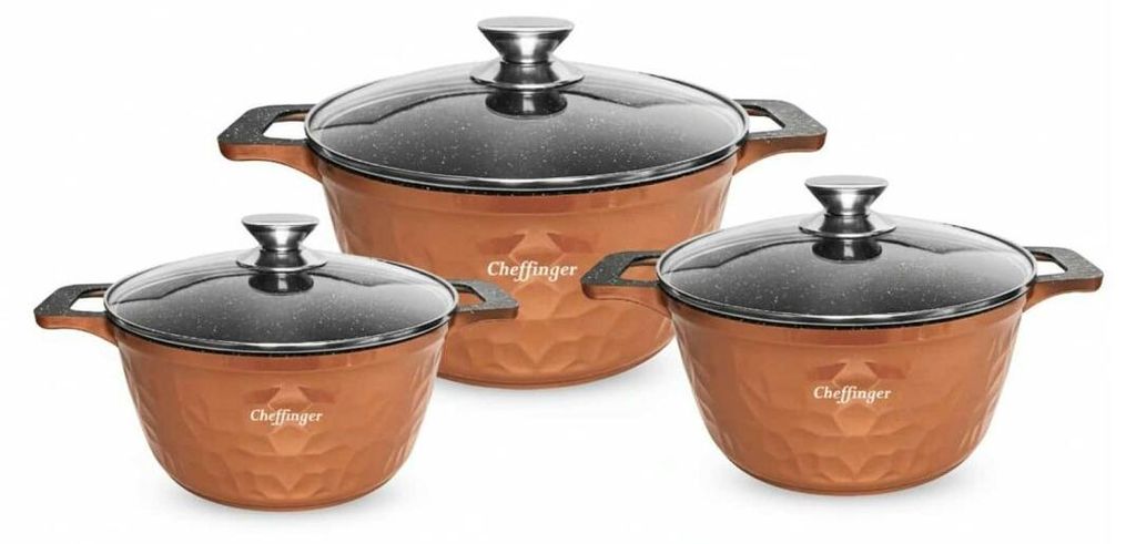6-teiliges Kochtopfset mit Marmorbeschichtung, Induktionsgeeignet - 20/24/28 cm Braun