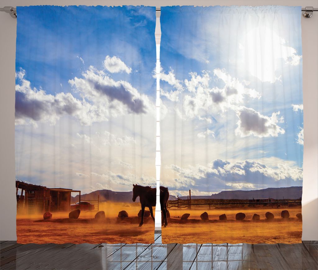 ABAKUHAUS Western Rustikaler Vorhang, Horse Valley-Himmel-Ansicht, Wohnzimmer Universalband Gardinen mit Schlaufen und Haken, 280 x 225 cm, Creme Blau