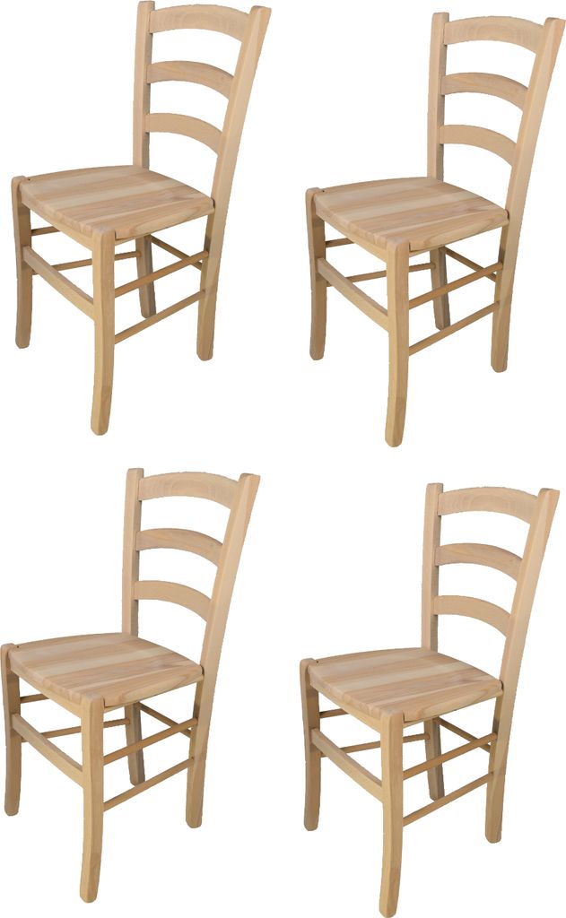 Four wooden chairs are arranged in a grid against a white background.