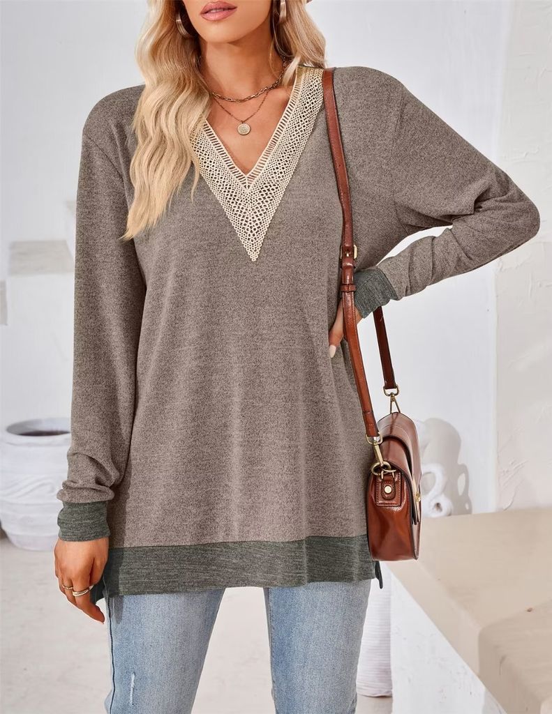 ASKSA Damen Langarm Bluse V-Ausschnitt Spitzenbesatz Elegant Lose Tunika Tops, Braun, L