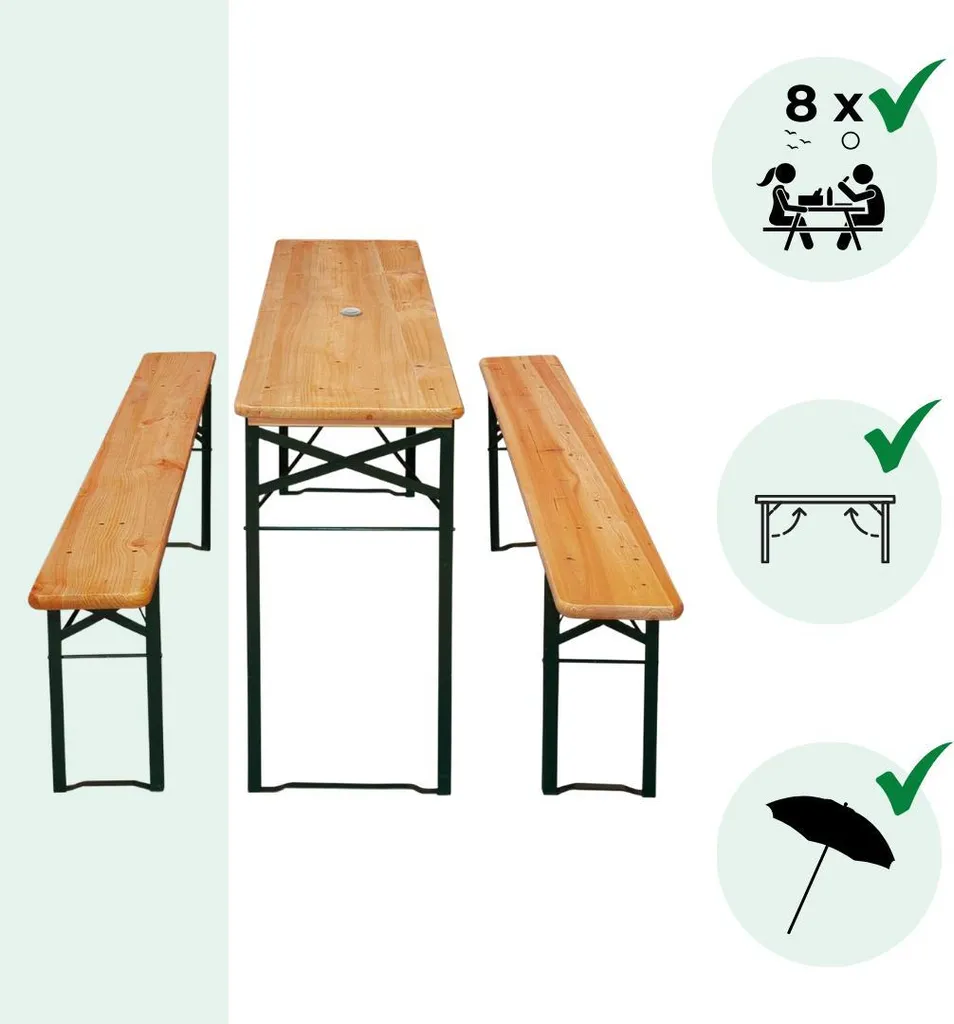 Casaria Set da Birreria Pieghevole 170cm Tavolo (170x46x75cm) con Foro Ombrellone 2x Panche in Legno (170x23x46cm) Party Sagra Festa Evento Giardino