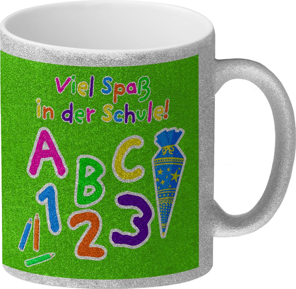 Viel Spaß in der Schule Glitzer-Kaffeebecher für die Einschulung in grün
