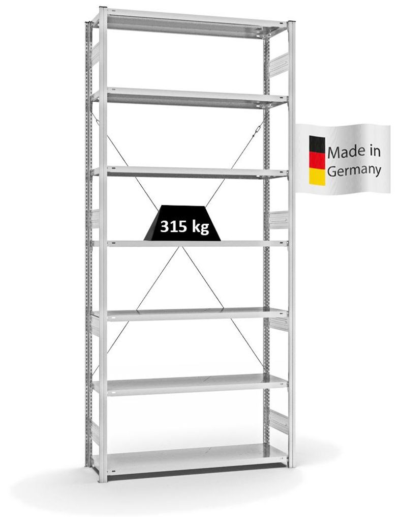 PROREGAL Fachbodenregal Stecksystem MAGNUS Germany | HxBxT 300x130x40cm | 7 Ebenen | Fachlast 315 kg | Einseitig nutzbar | Lichtgrau