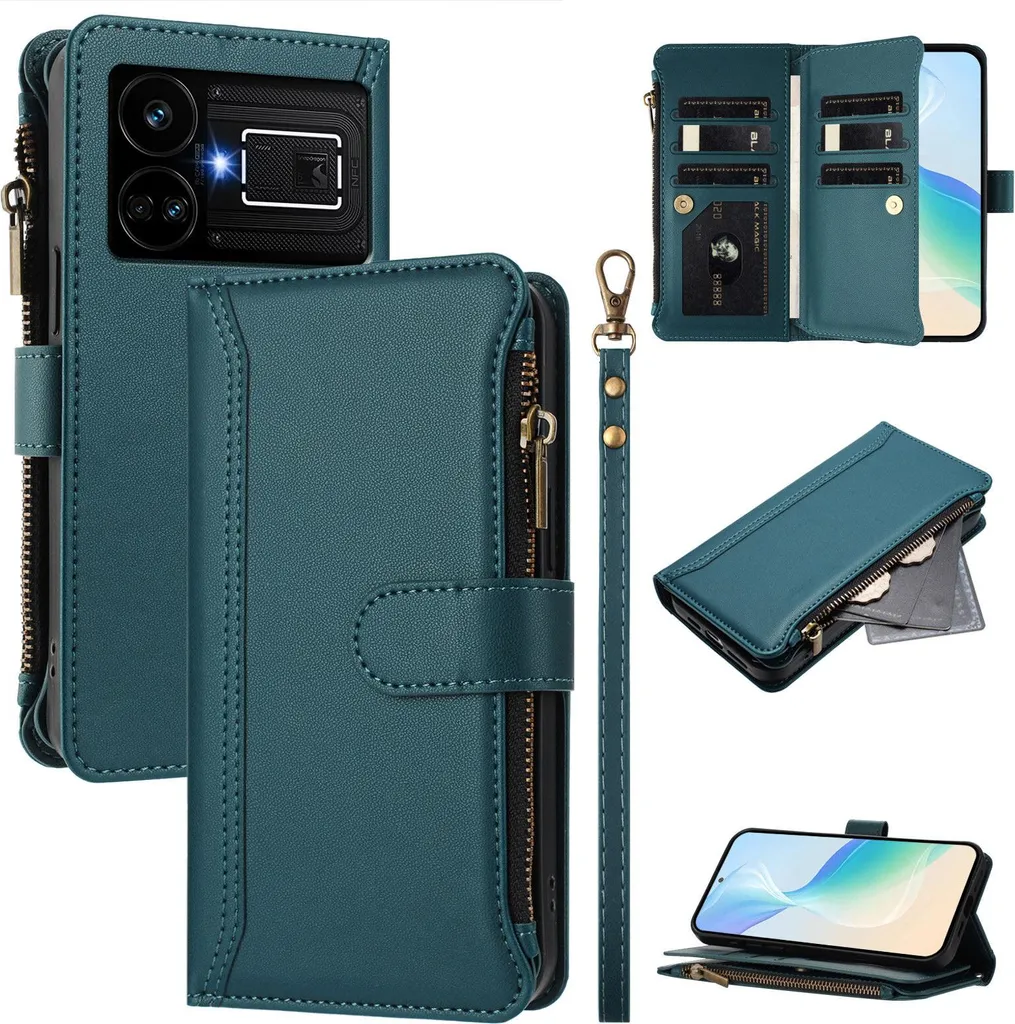 Custodia Verde Realme GT5 in Eco-Pelle con Zip e Laccetto Mano