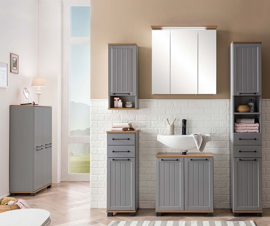 Badezimmer Set im Landhaus-Stil, grau mit Eiche Nb., 6-teilig, JAUSA-80