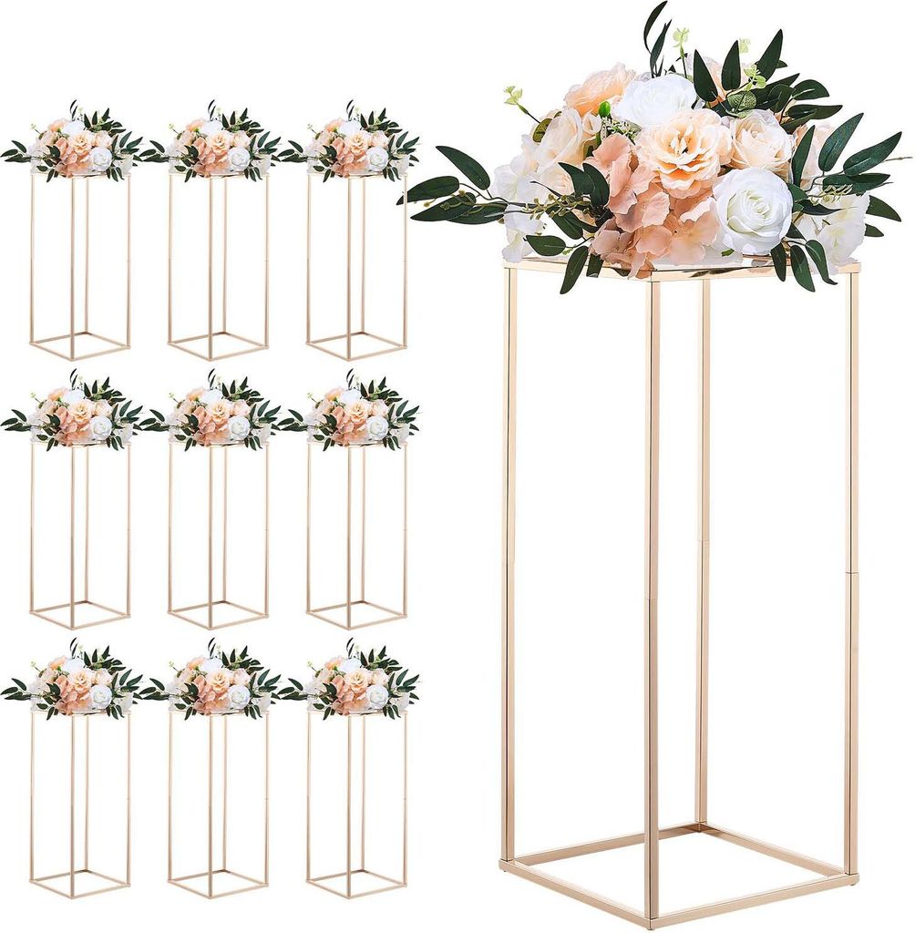 SucceBuy Hochzeitsblumenständer 250x250x600mm, 10er-Pack Blumenhocker, Pflanzenständer mit Acrylablage, rechteckiger goldfarbener Dekorationsstä...