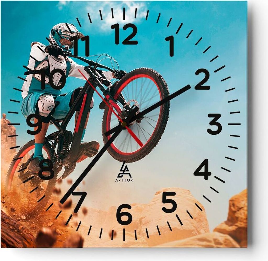 Wanduhr - Quadrat - Glasuhr - Fahrrad Sport Helm - 40x40cm - Schleichendes Uhrwerk - Lautlos - zum Aufhängen bereit - Dekoration Modern - Wanddeko...