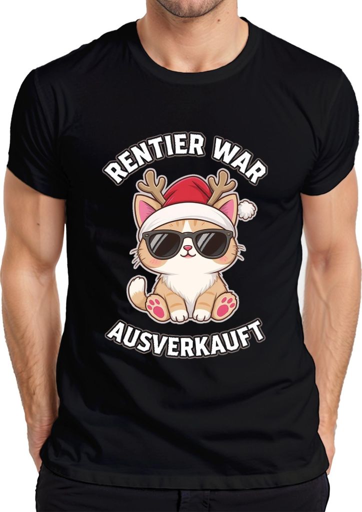 Rentier war t Katze Sonnenbrille Rentierhörner lustig Herren T-Shirt, Schwarz, S