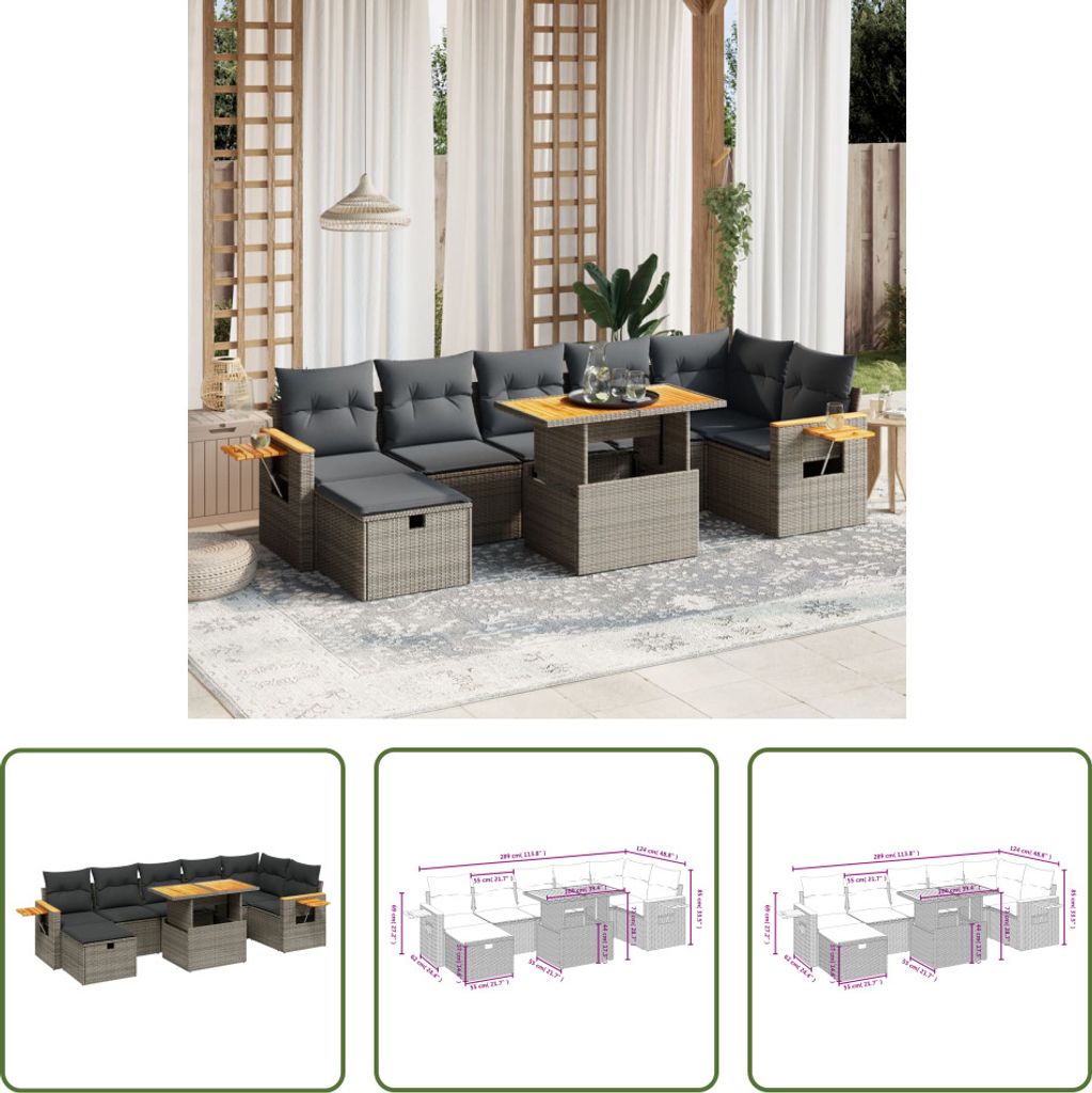 The Living Store 8-tlg. Garten-Sofagarnitur mit Kissen Grau Poly Rattan