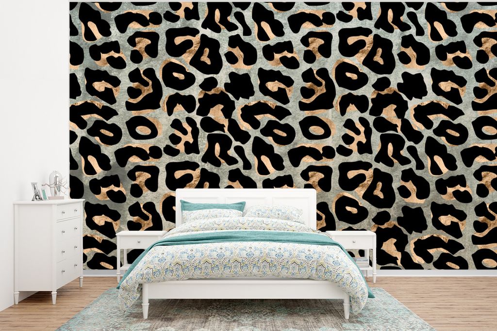 MuchoWow Fototapete für Wohnzimmer oder Schlafzimmer Wandtapete Vinyl Motivtapete Tierprint - Panther - Braun - Luxus - 295x220 cm - Wand Tapete