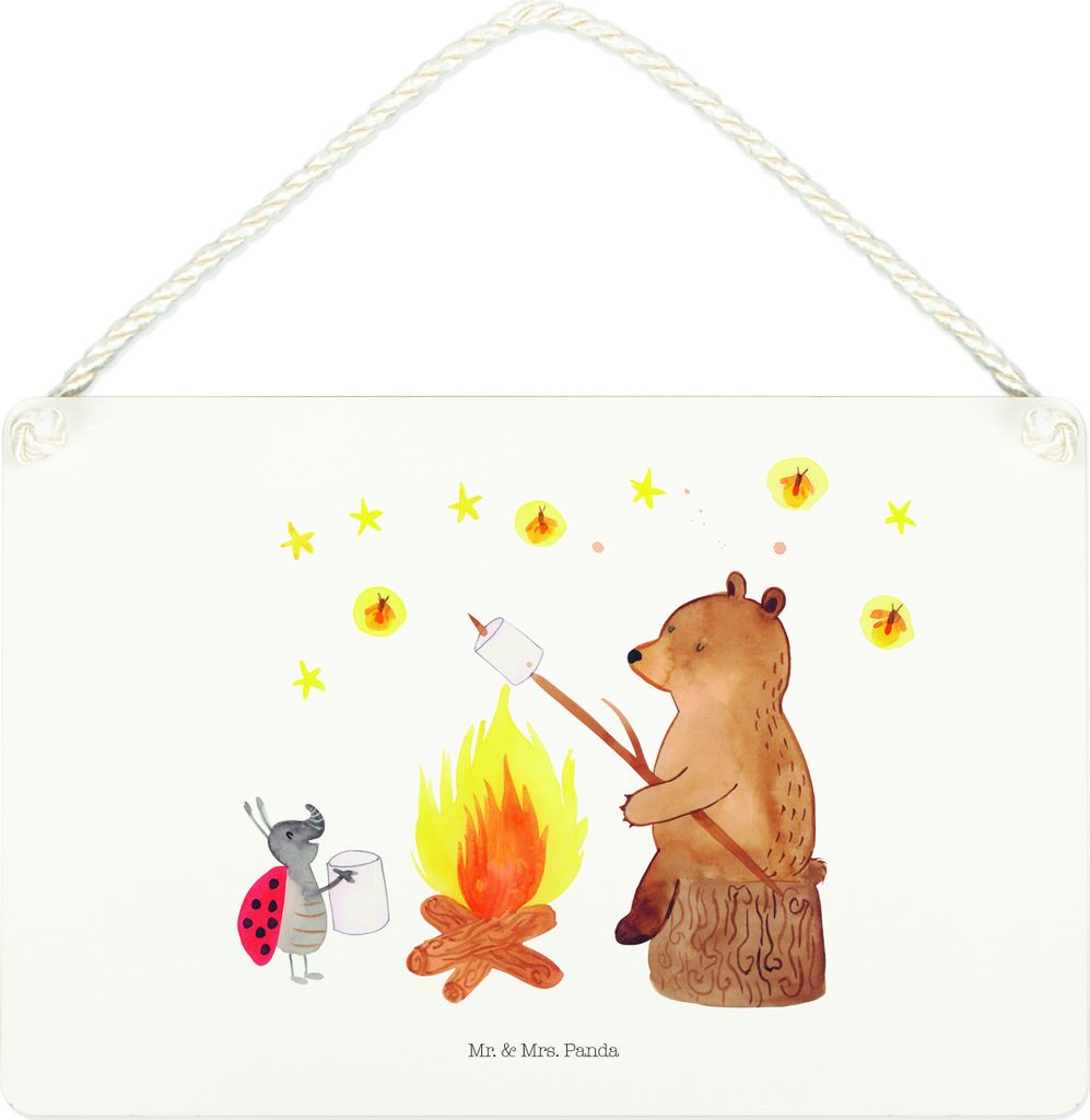 Mr. & Mrs. Panda Schild Bär & Marienkäfer Lagerfeuer DIN A4 - Weiß - Geschenk, holzbild, Holzschild, Teddy, wandtafel, Türschild, kleine aufmer...
