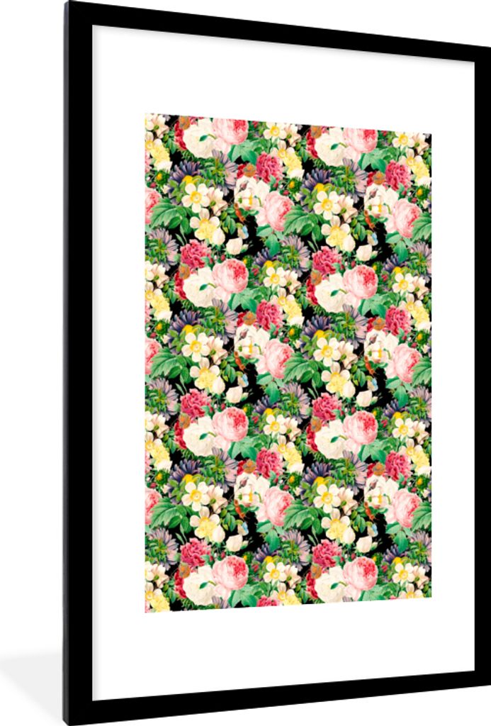MuchoWow MuchoWow Gerahmtes Poster Blumen - Frühling - Muster 60x90 cm - Poster mit zchwarzem Bilderrahmen - Dekoration - Wandposter Wohnzimme...