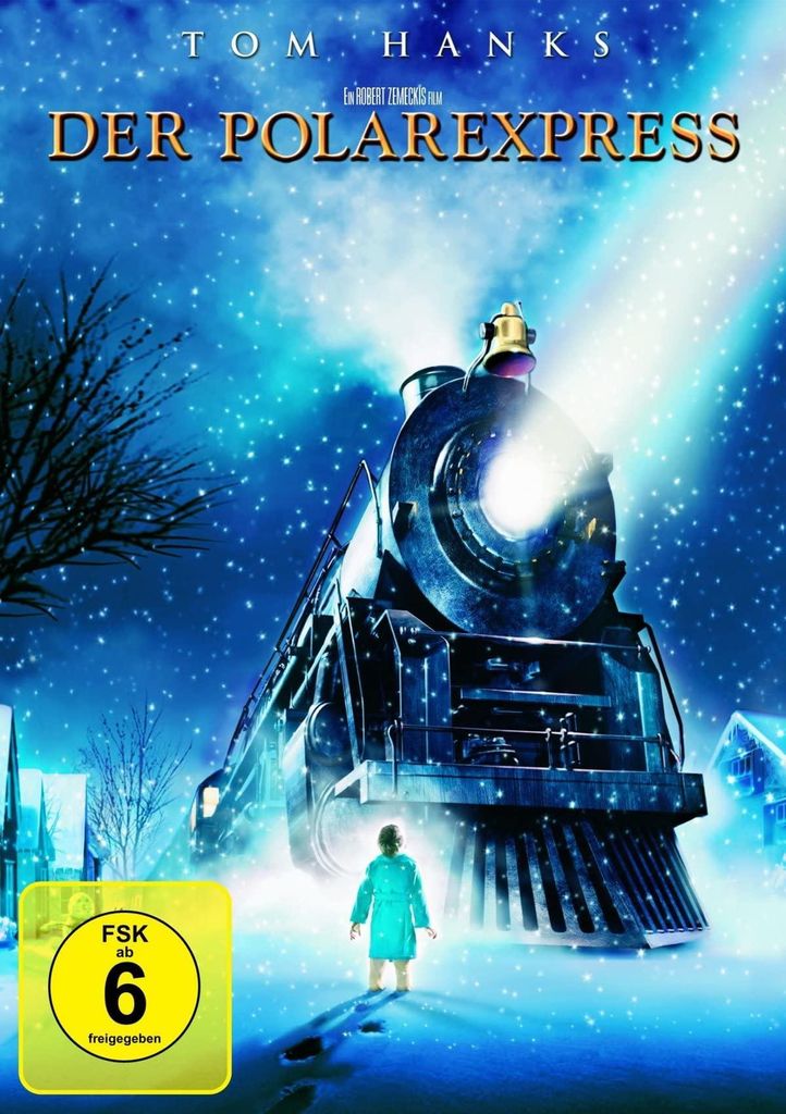 A movie poster for 'Der Polarexpress' featuring a train and a child in a snowy setting.