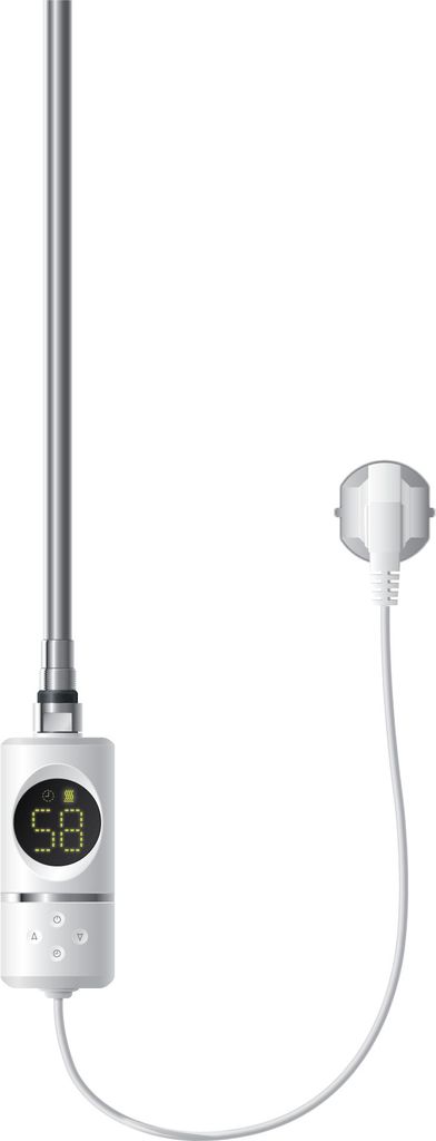 A white electric heating element for a towel radiator, with a digital display and a power plug.