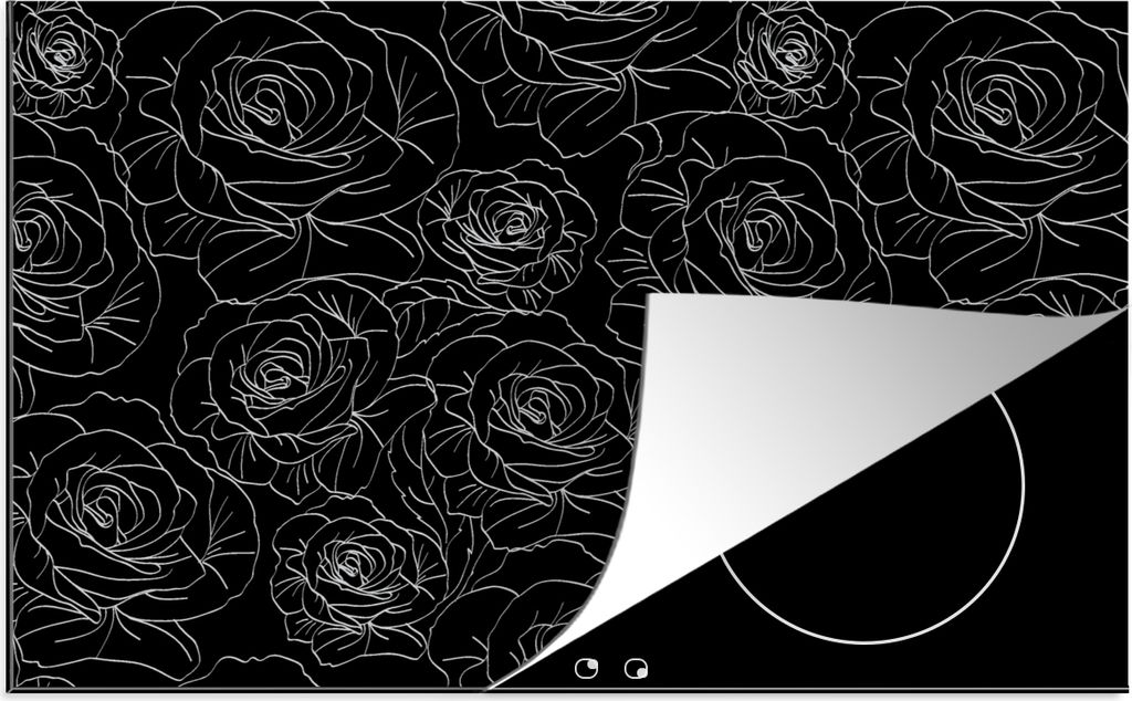 KitchenYeah Herdabdeckplatte Rosen - Schwarz und Weiß - Muster , 76x51cm, Küche Deko, Glaskeramikkochfeld Herdabdeckung, Abdeckplatte fùr Koch...