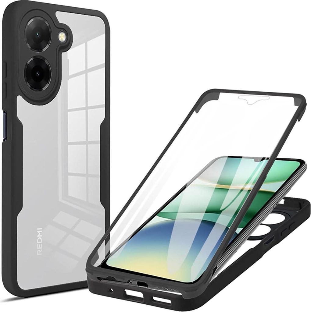 A phone case and a phone with a screen protector are displayed against a white background.