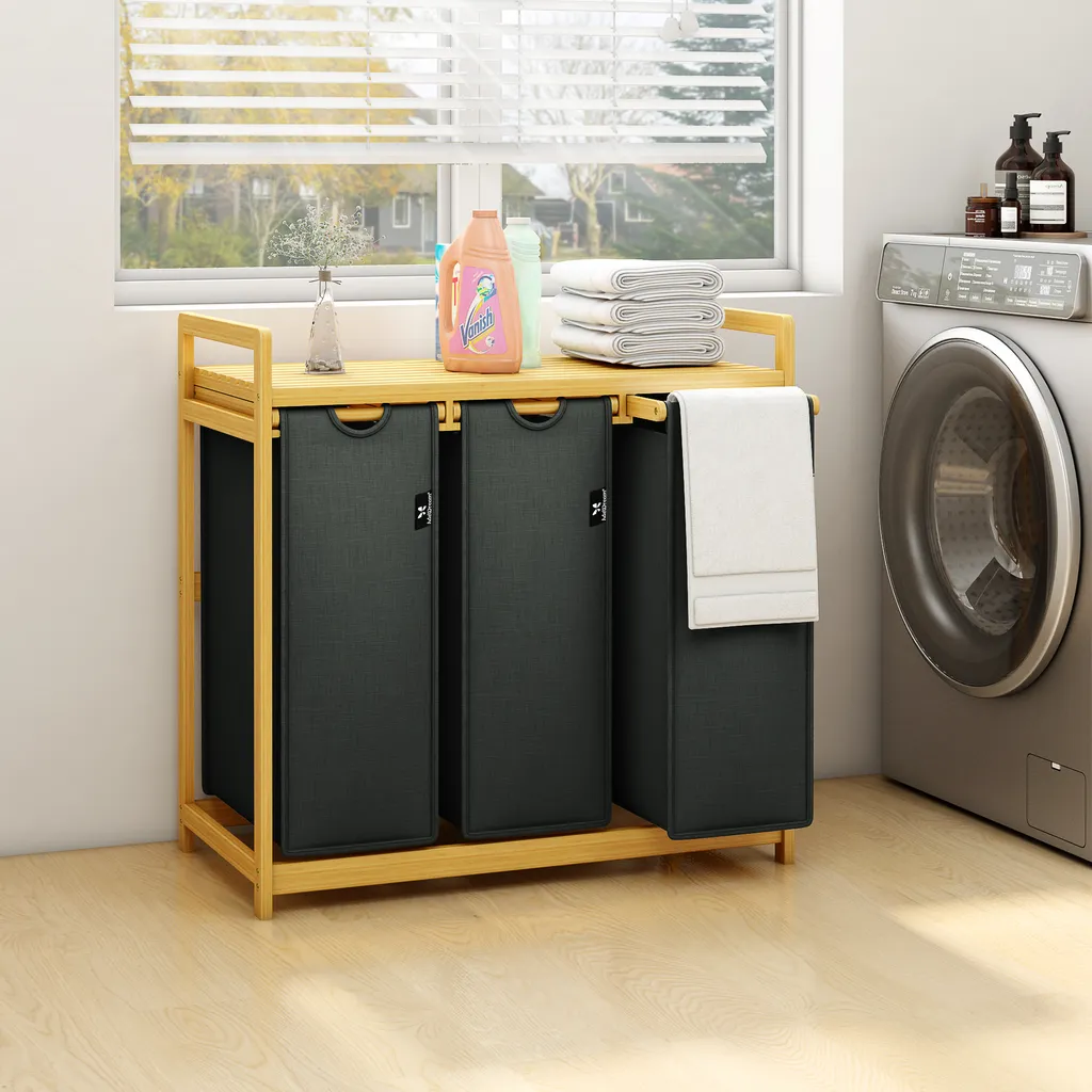 AdelDream Panier à Linge 150L en Bambou Gris avec 3 Compartiments - 7