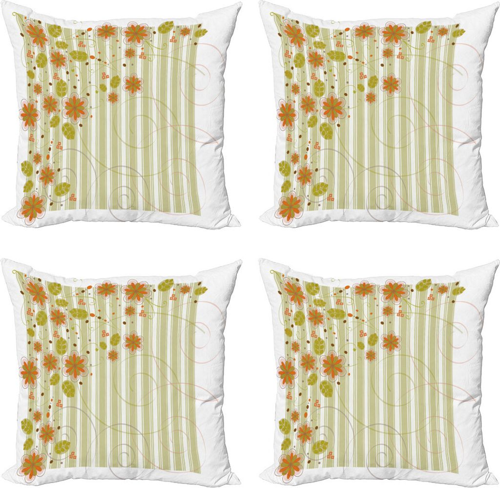 ABAKUHAUS Blumen Kissenbezug Set (4 Stück), Retro gewirbelte Blumen, Moderner Doppelseitiger Digitaldruck, 45 cm x 45 cm, Grün Orange Weiß
