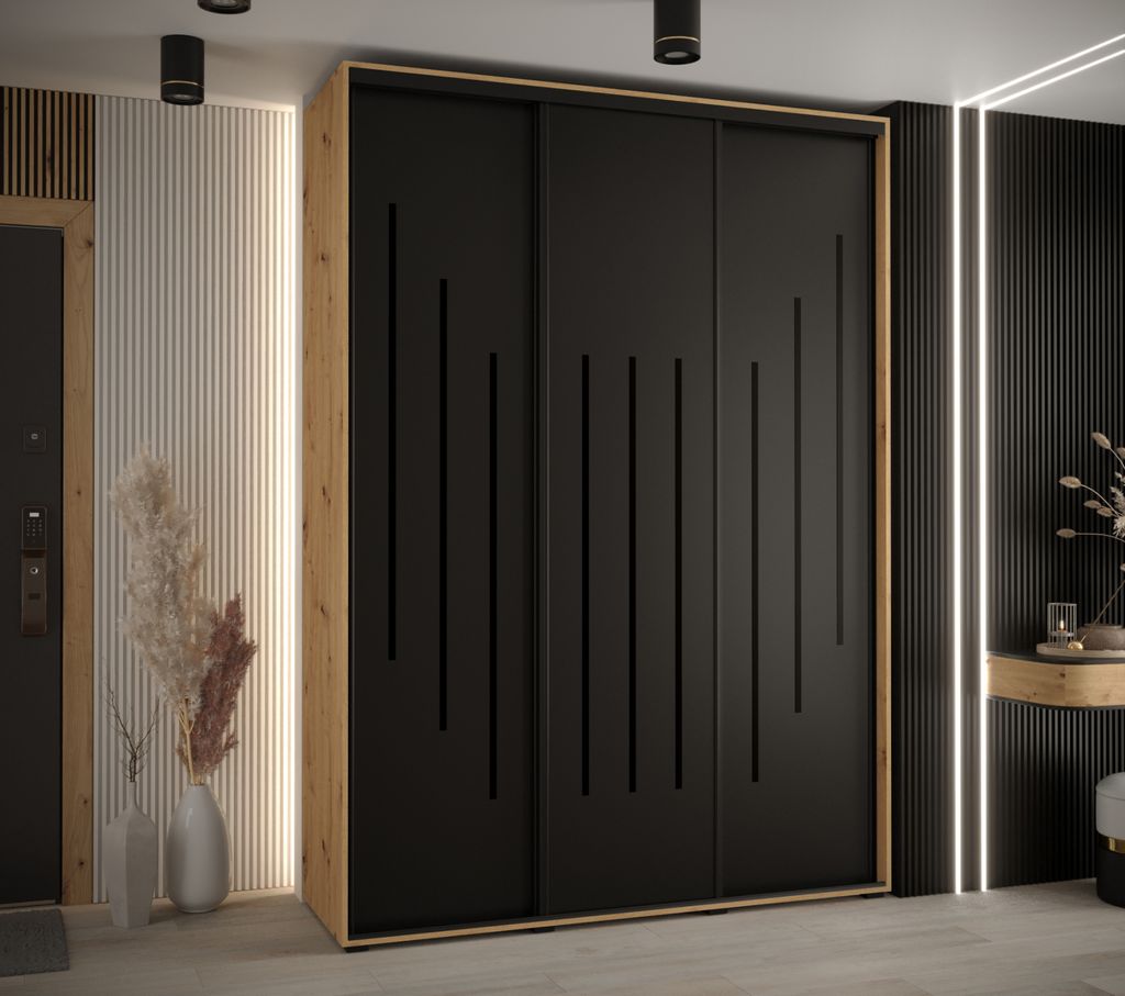 Kleiderschrank ASIRI 8 - 180/45 cm, Eiche handwerklich / schwarz / schwarz
