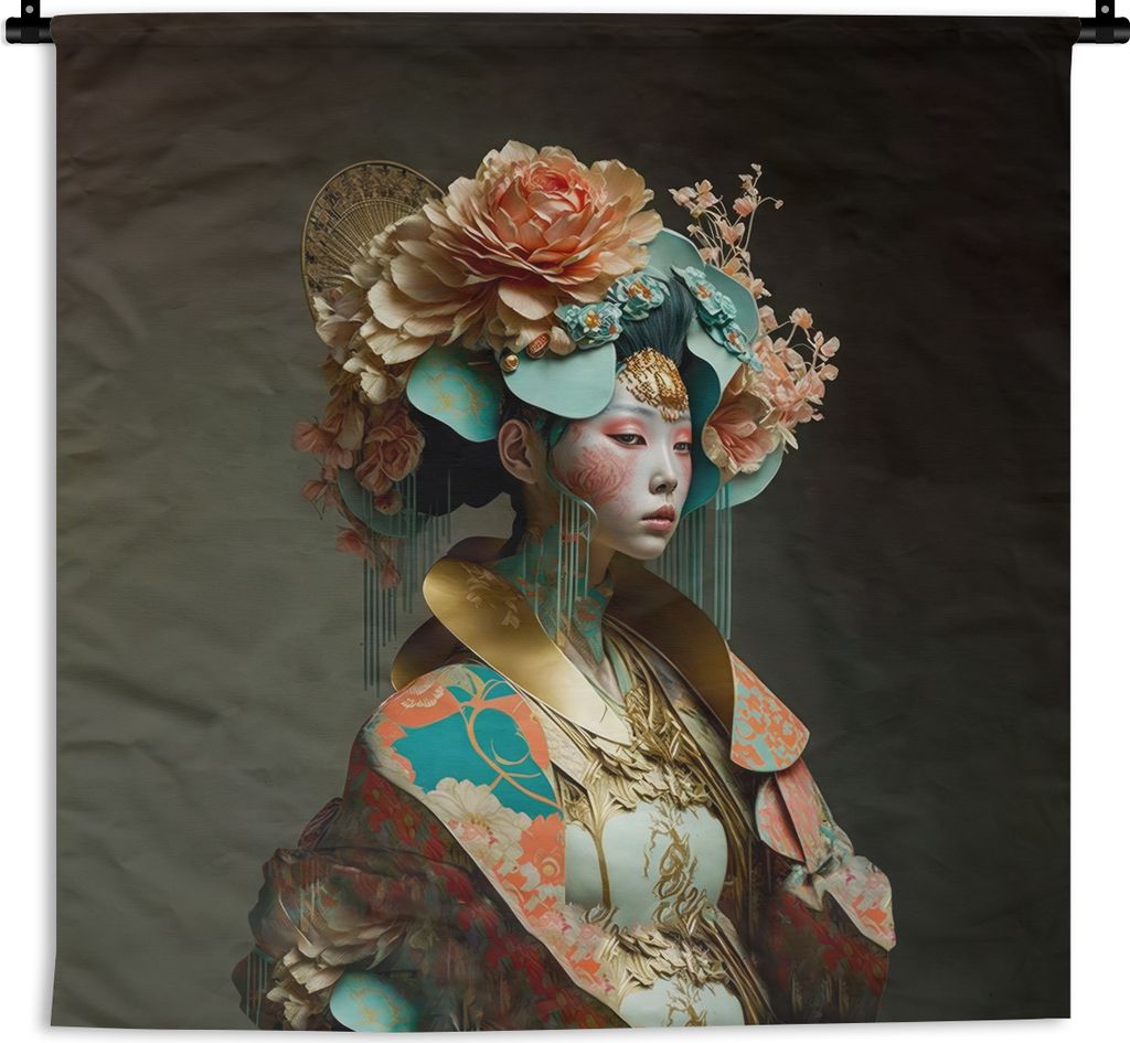 MuchoWow Wandteppich Wandbehang Frau - Blumen - Orange - Porträt - Asiatisch 120x120 cm Tapisserie Dekoration Wandtuch - Modern - Baumwollgewebe