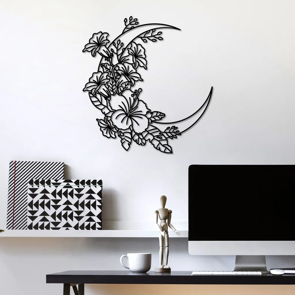 Wallity Flower Moon 1 L Décoration Murale Métal Noire 70 x 66 cm