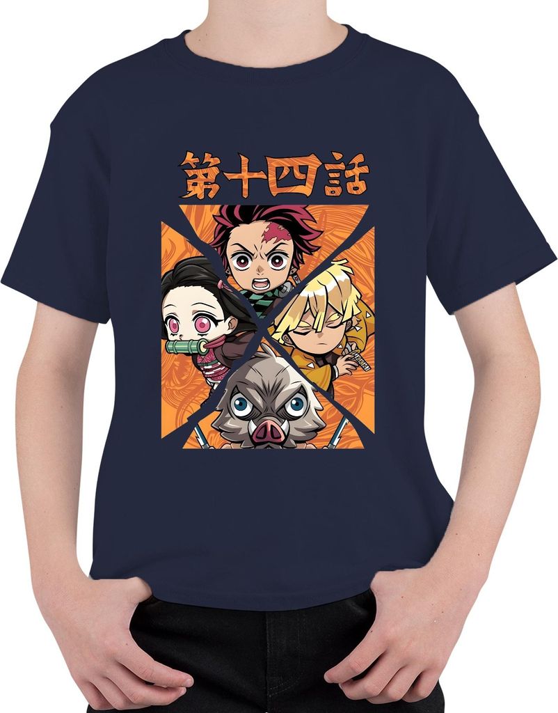 Kimetsu no Yaiba Tanjiro Nezuko Zenitsu Inosuke Chibi Geschenk Uni Kinder T-Shirt, Navy, 104
