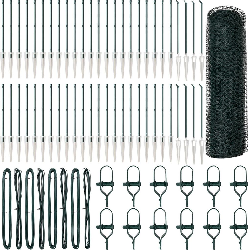 Möbel Hexagon Zaun Grün 0,5x100 m Stahl, Zaunpfosten mit Spike 13 Stück Ø32 mm 80 cm verzinkter Stahl - Zaunzubehör 3353154