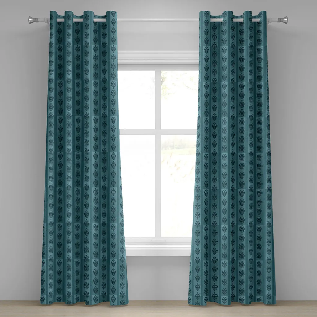 ABAKUHAUS Tenda con occhielli in damasco, motivi artistici gotici rococò medievali su culture verticali delle culture antiche a strisce, tende decorative a 2 pannelli per finestre, 280 cm x 175 cm, blu petrolio